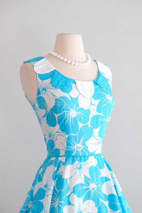 Vintage 1960's Aqua Blue Floral Cotton Dress with Petal Collar / S