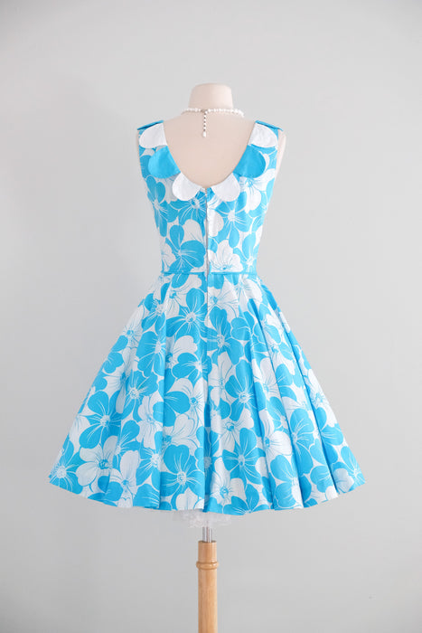 Vintage 1960's Aqua Blue Floral Cotton Dress with Petal Collar / S