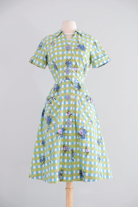 Vintage 1950’s Blue Rose Blue & Olive Gingham Shirtdress by Brentwood / M