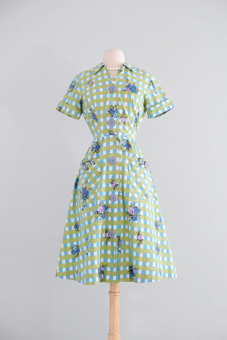Vintage 1950’s Blue Rose Blue & Olive Gingham Shirtdress by Brentwood / M