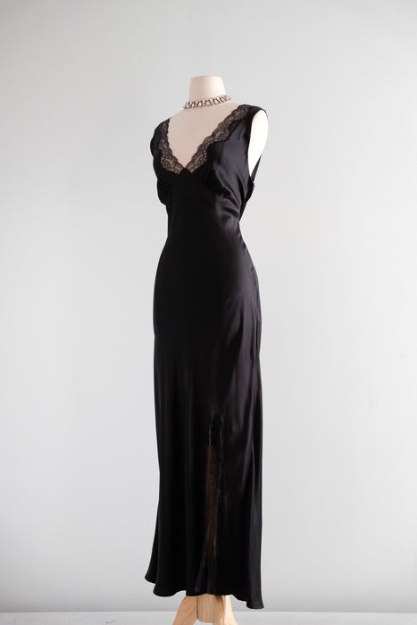 Vintage Black Silk Charmeuse & Lace Bias Cut Slip Gown / ML Vintage Black Silk Charmeuse & Lace Bias Cut Slip Gown / ML