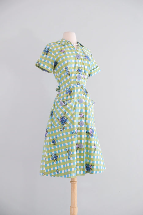 Vintage 1950’s Blue Rose Blue & Olive Gingham Shirtdress by Brentwood / M