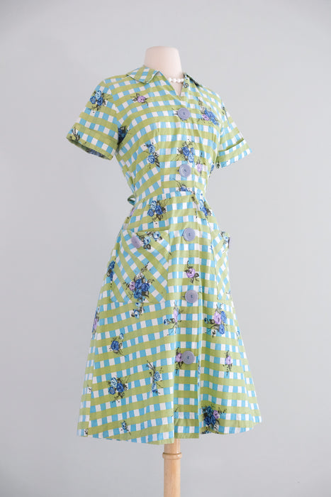 Vintage 1950’s Blue Rose Blue & Olive Gingham Shirtdress by Brentwood / M