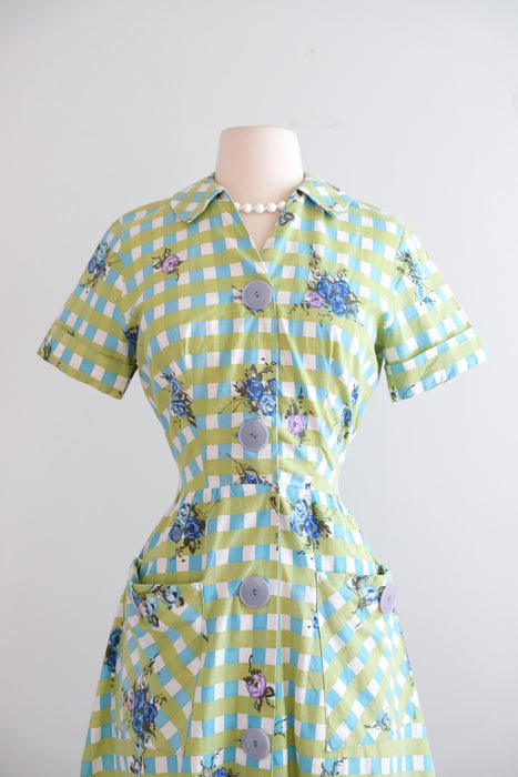 Vintage 1950’s Blue Rose Blue & Olive Gingham Shirtdress by Brentwood / M