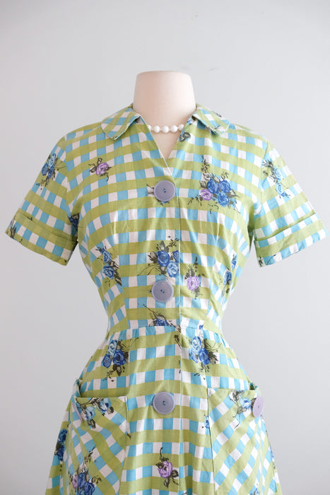 Vintage 1950’s Blue Rose Blue & Olive Gingham Shirtdress by Brentwood / M