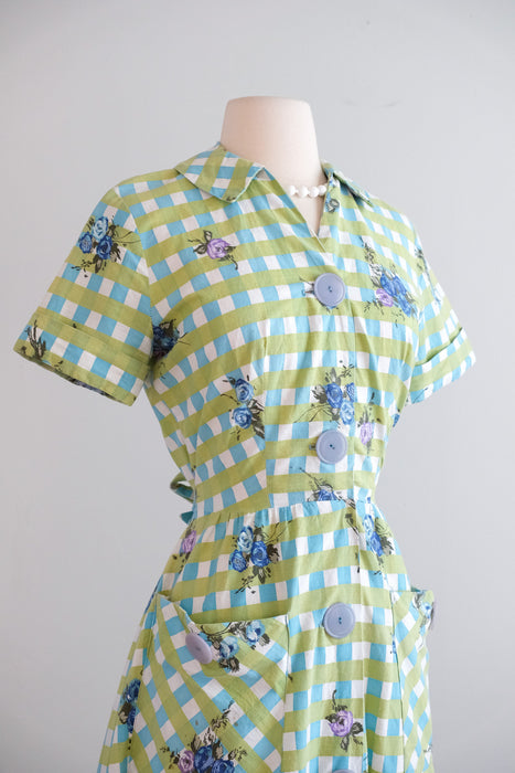 Vintage 1950’s Blue Rose Blue & Olive Gingham Shirtdress by Brentwood / M
