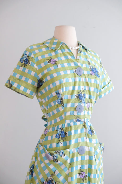 Vintage 1950’s Blue Rose Blue & Olive Gingham Shirtdress by Brentwood / M