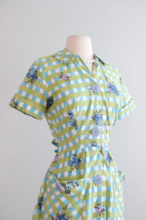 Vintage 1950’s Blue Rose Blue & Olive Gingham Shirtdress by Brentwood / M