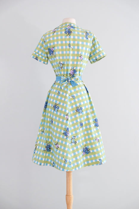 Vintage 1950’s Blue Rose Blue & Olive Gingham Shirtdress by Brentwood / M