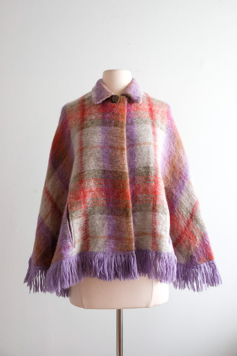 Vintage 1960's Meadow Plaid Handloom Woven Mohair Poncho / SM