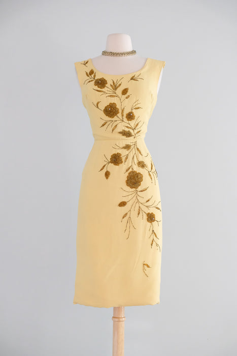 Vintage 1960's Butter Yellow Beaded Cocktail Dress by Smart Miss / S