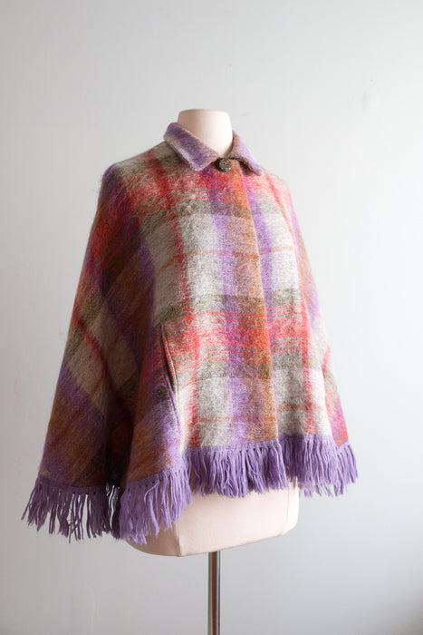 Vintage 1960's Meadow Plaid Handloom Woven Mohair Poncho / SM