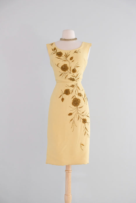 Vintage 1960's Butter Yellow Beaded Cocktail Dress by Smart Miss / S