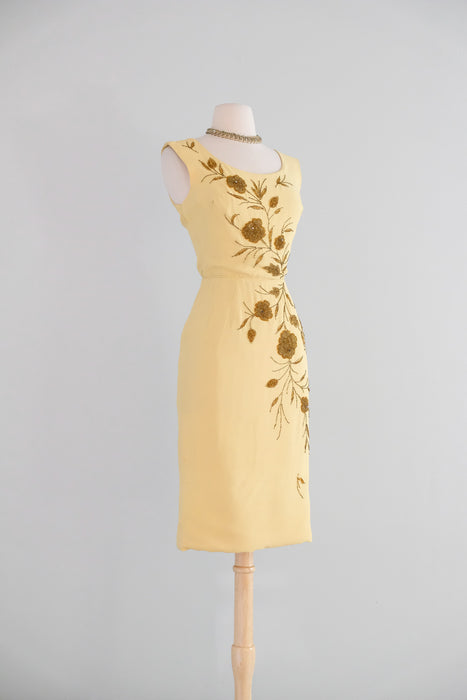 Vintage 1960's Butter Yellow Beaded Cocktail Dress by Smart Miss / S