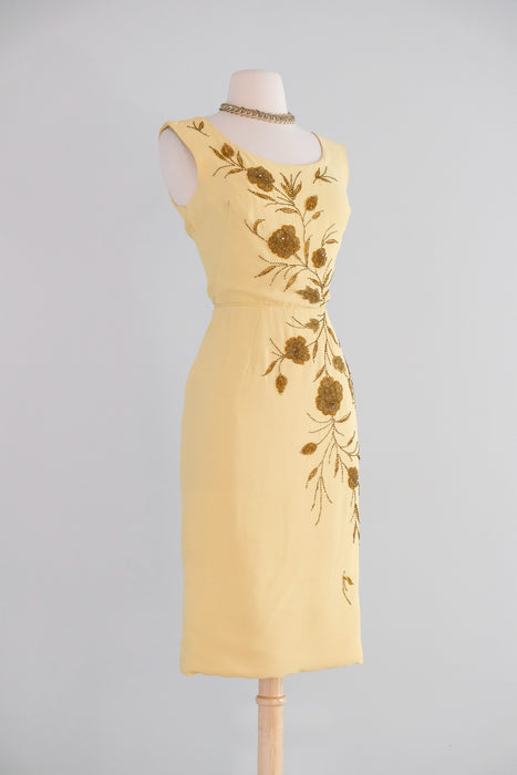 Vintage 1960's Butter Yellow Beaded Cocktail Dress by Smart Miss / S