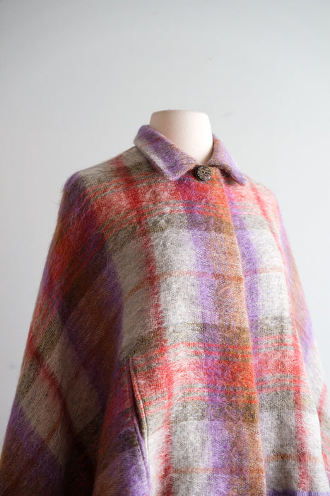 Vintage 1960's Meadow Plaid Handloom Woven Mohair Poncho / SM