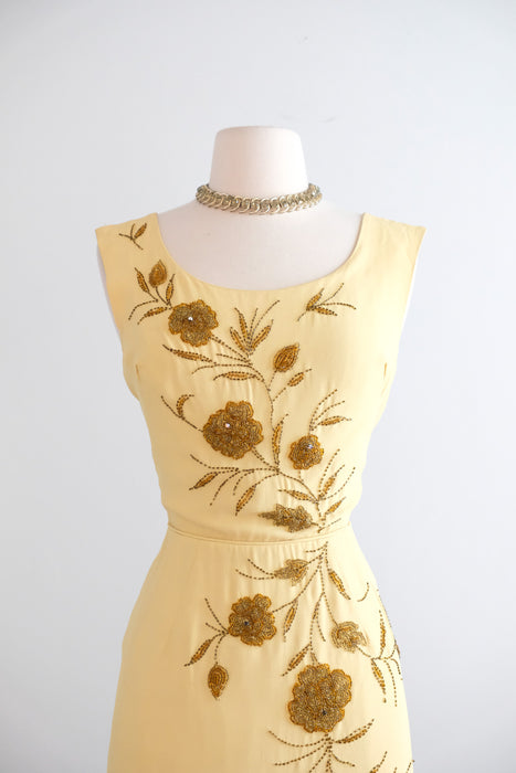 Vintage 1960's Butter Yellow Beaded Cocktail Dress by Smart Miss / S