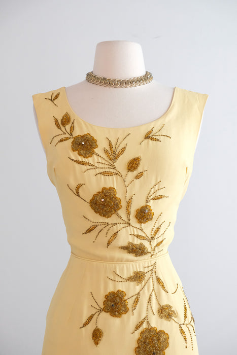 Vintage 1960's Butter Yellow Beaded Cocktail Dress by Smart Miss / S