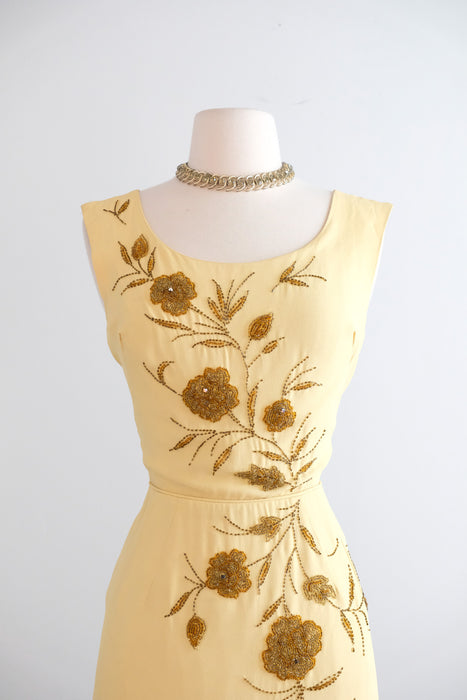 Vintage 1960's Butter Yellow Beaded Cocktail Dress by Smart Miss / S