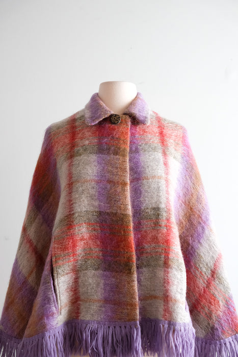 Vintage 1960's Meadow Plaid Handloom Woven Mohair Poncho / SM