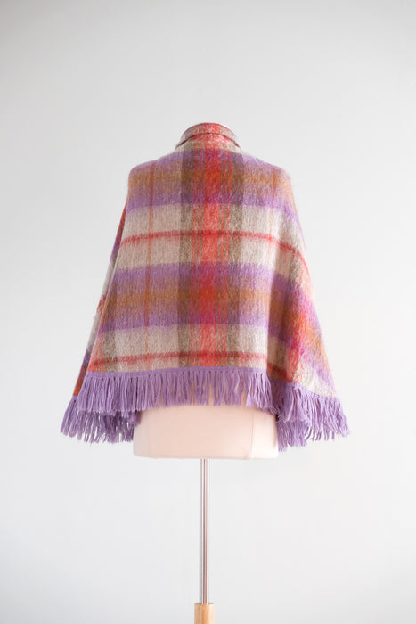 Vintage 1960's Meadow Plaid Handloom Woven Mohair Poncho / SM