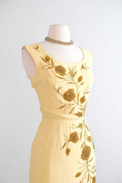 Vintage 1960's Butter Yellow Beaded Cocktail Dress by Smart Miss / S