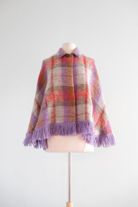 Vintage 1960's Meadow Plaid Handloom Woven Mohair Poncho / SM