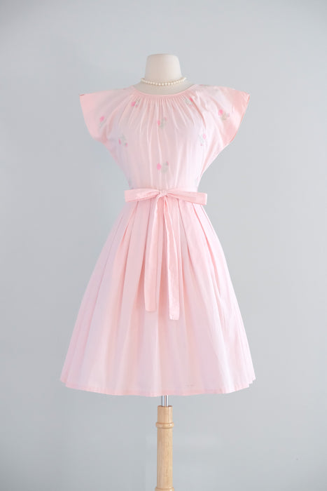 Vintage 1950's Soft Pink Embroidered Wrap Dress by Swirl / S