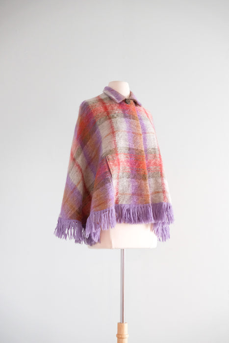 Vintage 1960's Meadow Plaid Handloom Woven Mohair Poncho / SM