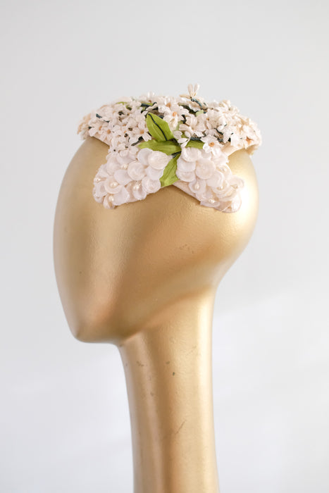 Gorgeous 1950's In The Garden Pearl & Ivory Floral Cap by Dayne/ OS