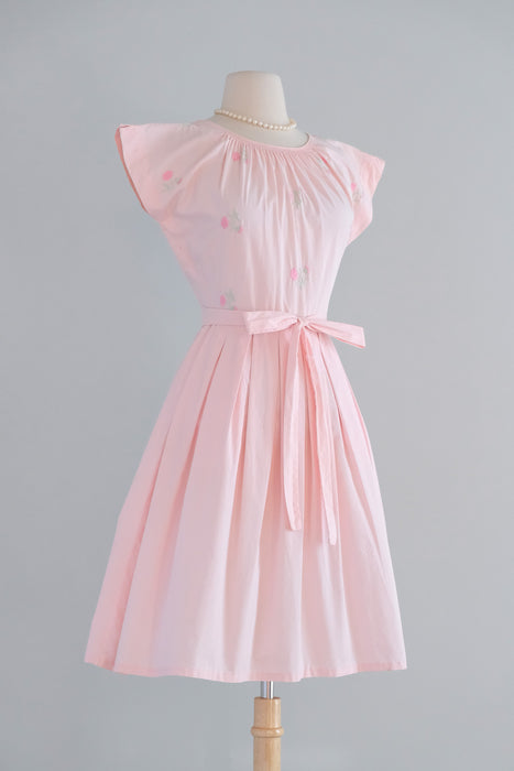 Vintage 1950's Soft Pink Embroidered Wrap Dress by Swirl / S