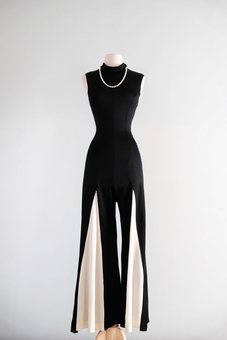 Vintage 1970's Black & White Disco Bell Bottom Jumpsuit / M