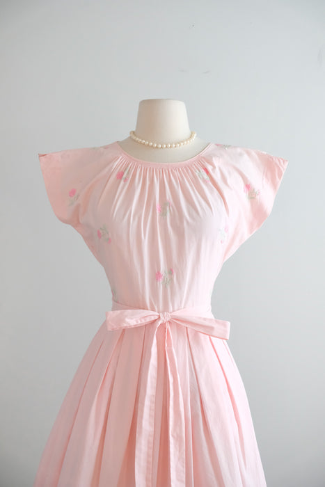 Vintage 1950's Soft Pink Embroidered Wrap Dress by Swirl / S