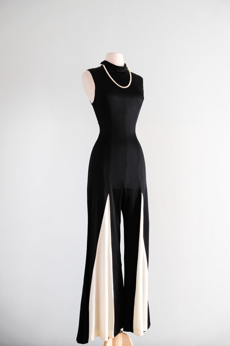 Vintage 1970's Black & White Disco Bell Bottom Jumpsuit / M