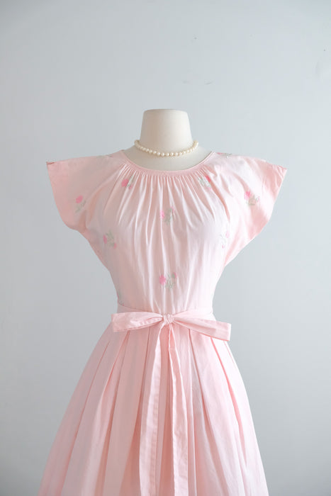 Vintage 1950's Soft Pink Embroidered Wrap Dress by Swirl / S
