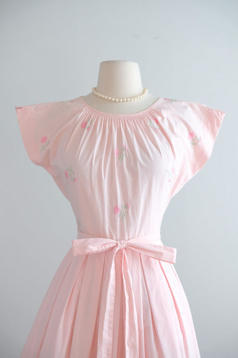Vintage 1950's Soft Pink Embroidered Wrap Dress by Swirl / S