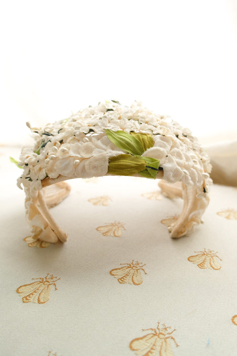 Gorgeous 1950's In The Garden Pearl & Ivory Floral Cap by Dayne/ OS