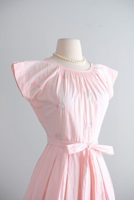 Vintage 1950's Soft Pink Embroidered Wrap Dress by Swirl / S