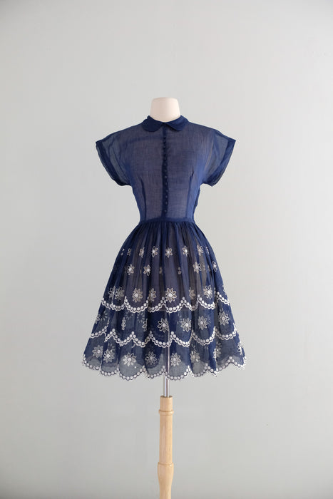 Vintage Early 1960’s Navy Blue Organdy Sundress With Scalloped Hem / XS