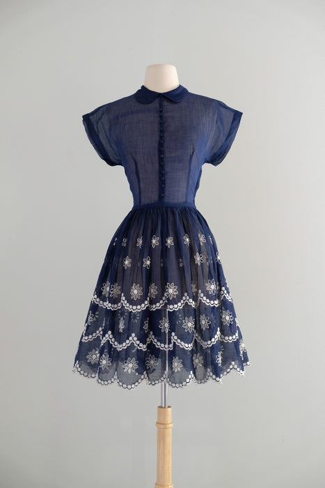 Vintage Early 1960’s Navy Blue Organdy Sundress With Scalloped Hem / XS