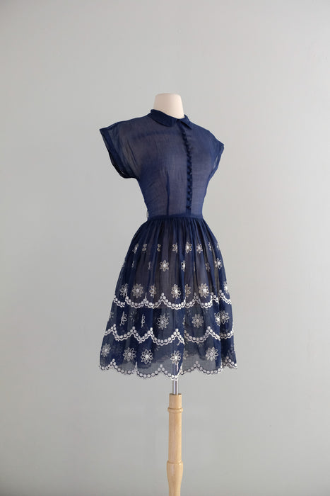 Vintage Early 1960’s Navy Blue Organdy Sundress With Scalloped Hem / XS
