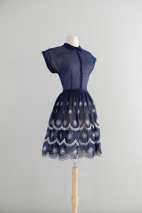 Vintage Early 1960’s Navy Blue Organdy Sundress With Scalloped Hem / XS