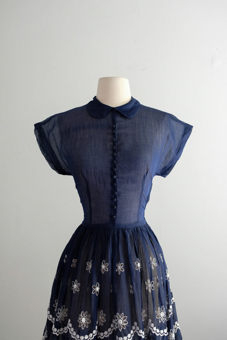 Vintage Early 1960’s Navy Blue Organdy Sundress With Scalloped Hem / XS