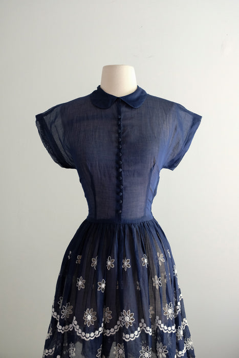 Vintage Early 1960’s Navy Blue Organdy Sundress With Scalloped Hem / XS