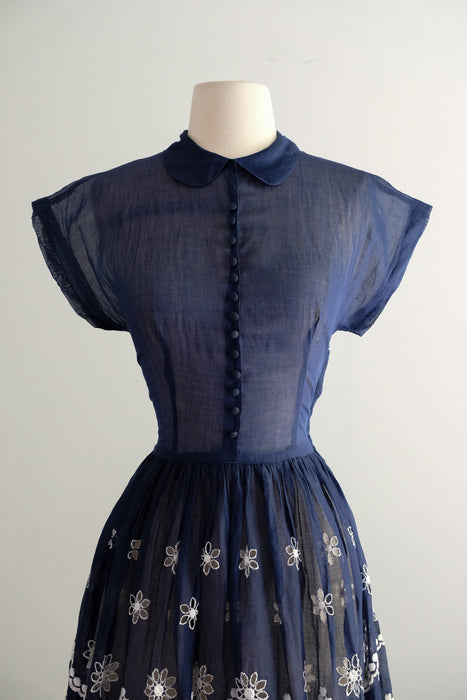 Vintage Early 1960’s Navy Blue Organdy Sundress With Scalloped Hem / XS