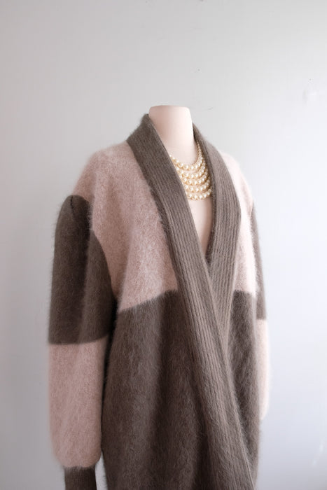 Vintage 1980's Checkerboard Angora Knit Oversized Cardigan Sweater / ML