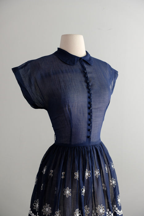 Vintage Early 1960’s Navy Blue Organdy Sundress With Scalloped Hem / XS