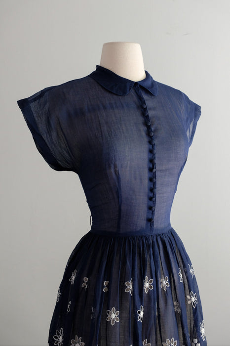 Vintage Early 1960’s Navy Blue Organdy Sundress With Scalloped Hem / XS