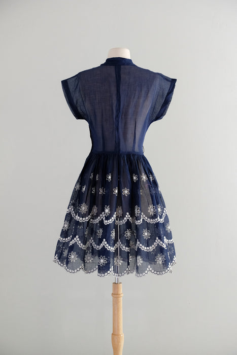 Vintage Early 1960’s Navy Blue Organdy Sundress With Scalloped Hem / XS