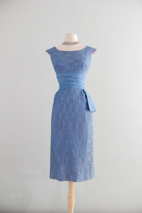 Vintage 1950's Hydrangea Lace Cocktail Dress with Waist Sash / M